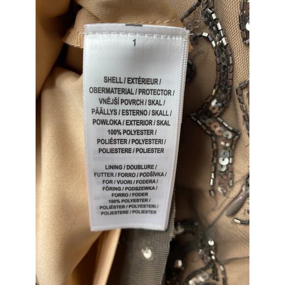 ADRIANNA PAPELL DRESS 2 SEQUIN BEADED MESH SHEER TAN NUDE SILVER MINI COCKTAIL - Picture 5 of 16